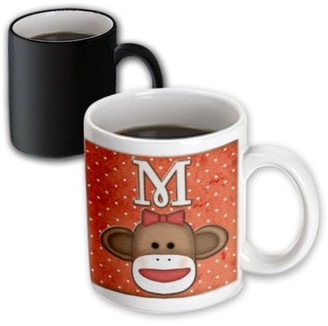 3dRose Cute Sock Monkey Girl Initial Letter M, Magic Transforming Mug, 11oz