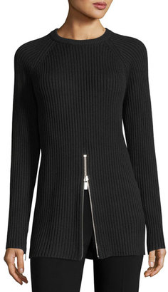 Michael Kors Collection Ribbed Crewneck Zip-Trim Sweater