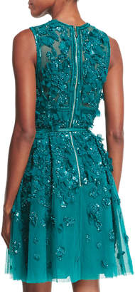Elie Saab Sleeveless Embroidered Tulle Cocktail Dress, Emerald