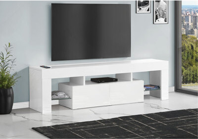 Ivy Bronx 63 Inch Contemporary Glossy White TV Stand Media Entertainment Center With Storage And Open Shelves For Modern Living Spaces