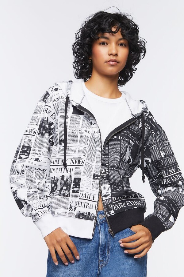 Forever 21 Newspaper Print ZipUp Hoodie ShopStyle