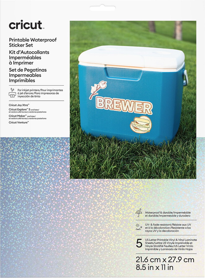 Cricut® Printable Waterproof Holographic Sticker Set - US Letter (5 ct), 8.5" x 11",White Holographic