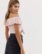 Thumbnail for your product : Miss Selfridge Off The Shoulder Top With Button Front Detail In Red Stripe