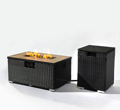 SHANRUGUOJI Rattan Fire Pit Table With Propane Tank Holder, Fire Table With Ceramic Tile Table Top