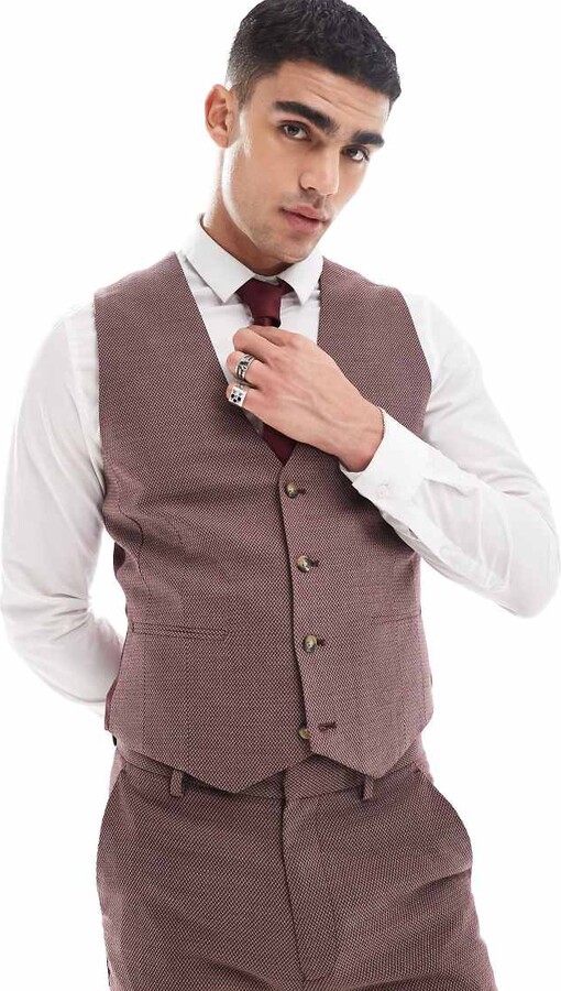 ASOS DESIGN wedding skinny suit waistcoat in burgundy microtexture