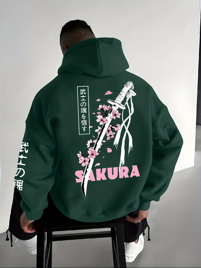 NONE Autumn men & apos;s fashionable cherry blossom samurai sword print comfortable soft hooded sweatshirt outdoor street style top