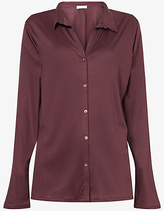 Hanro Womens Vivid Brown Grand Central Long-Sleeves Woven Pyjama Top M