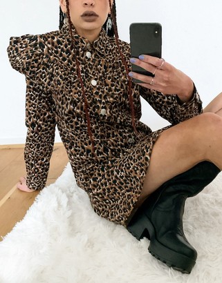 Noisy May denim shirt dress with frill bib detail in leopard
