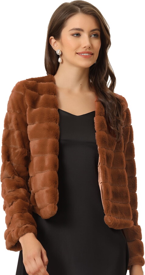 DARING DIVA Women’s Long Sleeve Collarless Shaggy Soft Faux Fur Coat XS Caramel