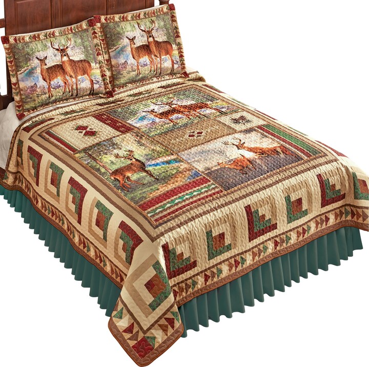 Collections Etc Northwoods Buck and Doe DeerÂ PatchworkStyle WoodlandÂ
