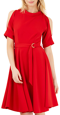 Closet Split Sleeve Belted Skater Dress, Red