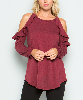Sweet Pea Wine Ruffle-Accent Cutout French Terry Tunic