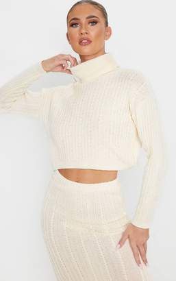 SWAGGER Cream Roll Neck Cable Knit Cropped Jumper
