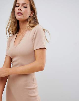 Missguided exclusive ribbed short sleeve v neck midi dress in beige