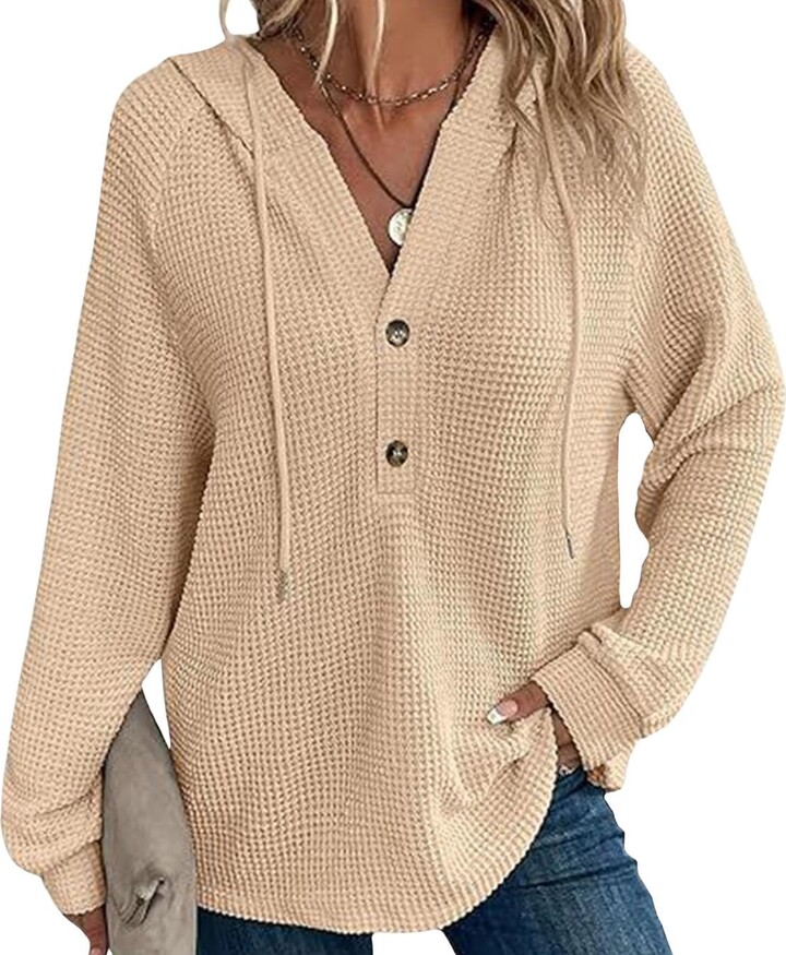 Kemanl Women's Sweatshirts V Neck Button Down Waffle Fabric Long Sleeve Causal Oversize Hooded Tops Dusty Pink XL