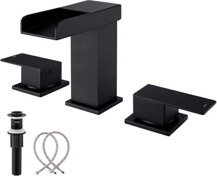 GAGALIFE 8 in. Widespread Double-Handle Waterfall Spout Bathroom Vessel Sink Faucet with Pop Up Drain in Matte Black