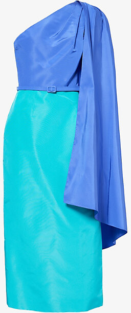 Carolina Herrera Womens Turquoisemult Drape-Shoulder Two-Tone Woven Midi Dress 10