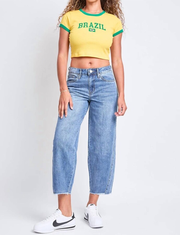 YMI Jeanswear Baggy Cropped Frayed Barrel Jeans In Blue