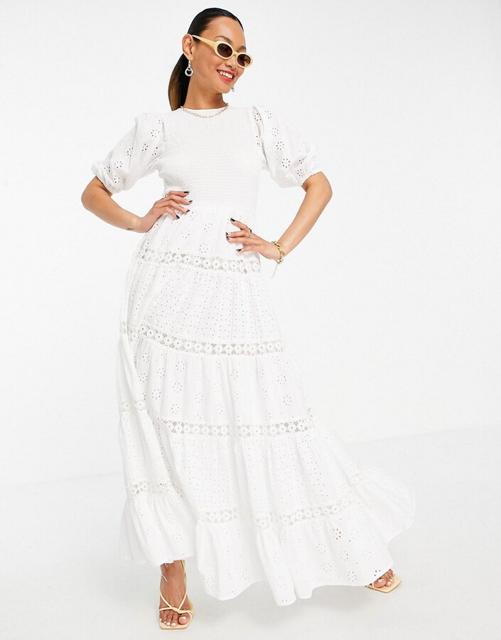 ASOS DESIGN shirred mixed broderie tiered maxi dress with lace inserts in white