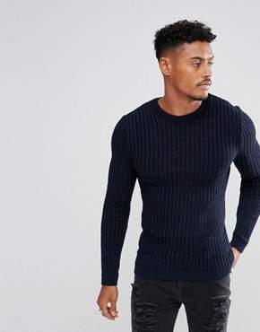 ASOS Design Muscle Fit Ribbed Jumper In Navy