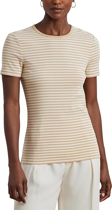 Lauren Ralph Lauren Striped Stretch Cotton Crewneck T-Shirts Women's Clothing Sand Dune/Mascarpone Cream : XL, Cotton/Elastane