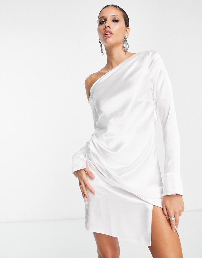ASOS DESIGN off shoulder satin long sleeve drape mini dress in ivory high  shine - ShopStyle