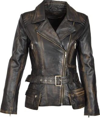 Womens Biker Jacket BLACK Leather Slim Fit Fashion Designer Hip Length Coat COCO