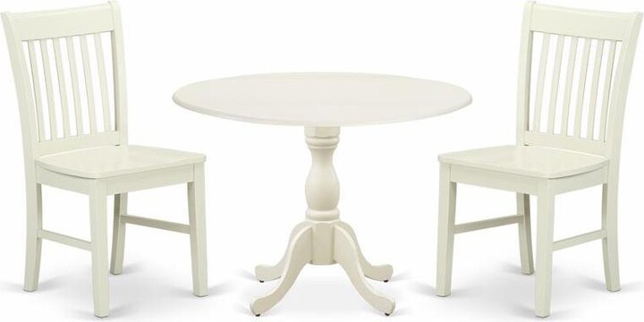 East West Furniture 3 Piece Dining Table Set Consists of 1 Drop Leaves Dining Room Table and 2 Linen White Mid Century Chair with Slatted Back - Linen