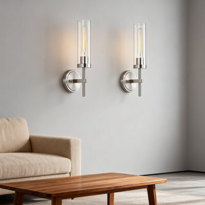 Latitude Run Hardwired Wall Sconces Set Of 2 Modern Bathroom Vanity Light Fixture With Clear Glass Shade Farmhouse Wall Mount Lamps For Mirror Living Room Bedr