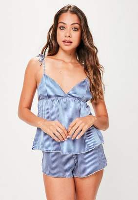 Missguided Blue Striped Satin Cami Pyjama Set, Blue
