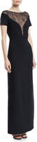 Herve Leger Short-Sleeve Bandage Column Evening Gown with Lace Inset
