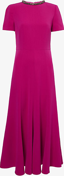 Womens Dark Pink Cady Rhinestone-Embellished Woven Midi Dress 12