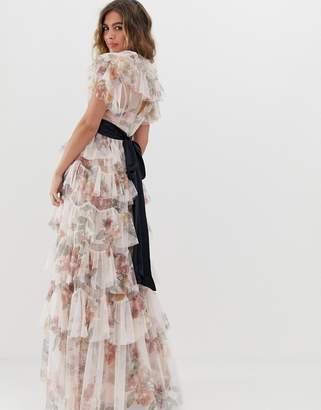 Needle & Thread tiered floral maxi dress with contrast waistband in rose quartz