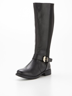 Very Wide Fit Leather Buckle Trim Knee Boot - Black