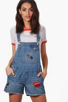 Thumbnail for your product : boohoo Amelie Patch Denim Dungaree Shorts