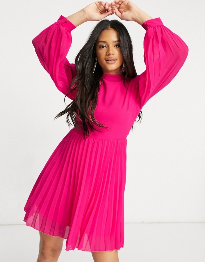 ASOS DESIGN high neck pleated long sleeve skater mini dress in hot pink -  ShopStyle