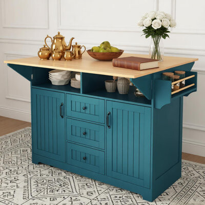 Lark Manor 55.7'' Large Kitchen Island With 2 Drop Leaf Rolling Kitchen Cart On 5 Wheels With Power Outlet Folding Storage Dining Table With Spice & Towel Rac