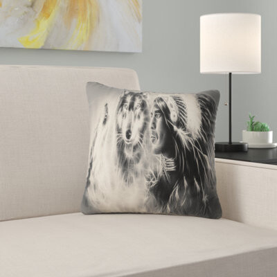 Abstract Indian Warrior with Wolves Pillow