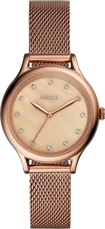 Fossil Womens Laney Three Hand Rose Gold Stainless Steel Mesh Watch 
