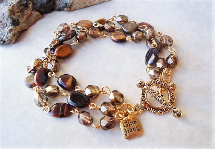 Etsy Brown Tiger's Eye Gemstone Bracelet Triple-Strand Bridal Statement Jewelry Gift Handmade