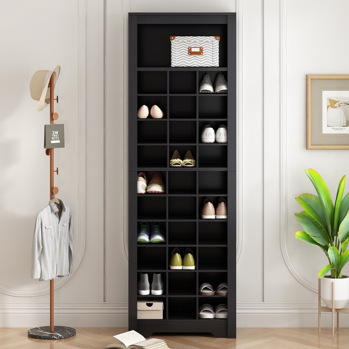 Dovelina Stylish Design 30 Shoe Cubby Console, Contemporary Shoe Cabinet with Multiple Storage Capacity, Free Standing Tall Cabinet with Versatile Use for Hallway, Bedroom, Black