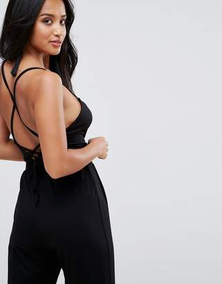ASOS Petite Cami Wrap Jersey Jumpsuit With Strap Back Detail And Peg Leg