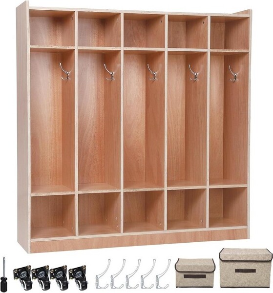 COZONY 5-SectionClassroomCoatLocker10CubbiesWoodStorageOrganizerw/Anti-tipKitCasters&HooksDaycare/School/KidsHome54\