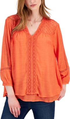 Style&Co. Style & Co Petite V-Neck Lace-Trim Top, Created for Macy's