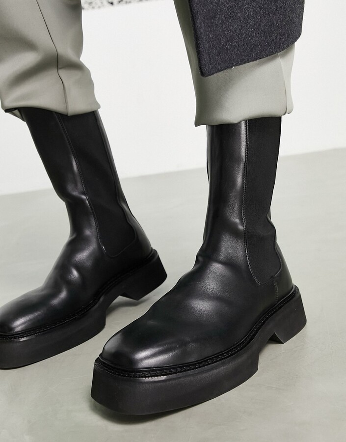 ASOS DESIGN high chelsea calf boots in black leather on a chunky sole -  ShopStyle