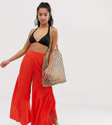 Thumbnail for your product : ASOS Petite DESIGN Petite split frill wide leg beach trouser in burnt orange