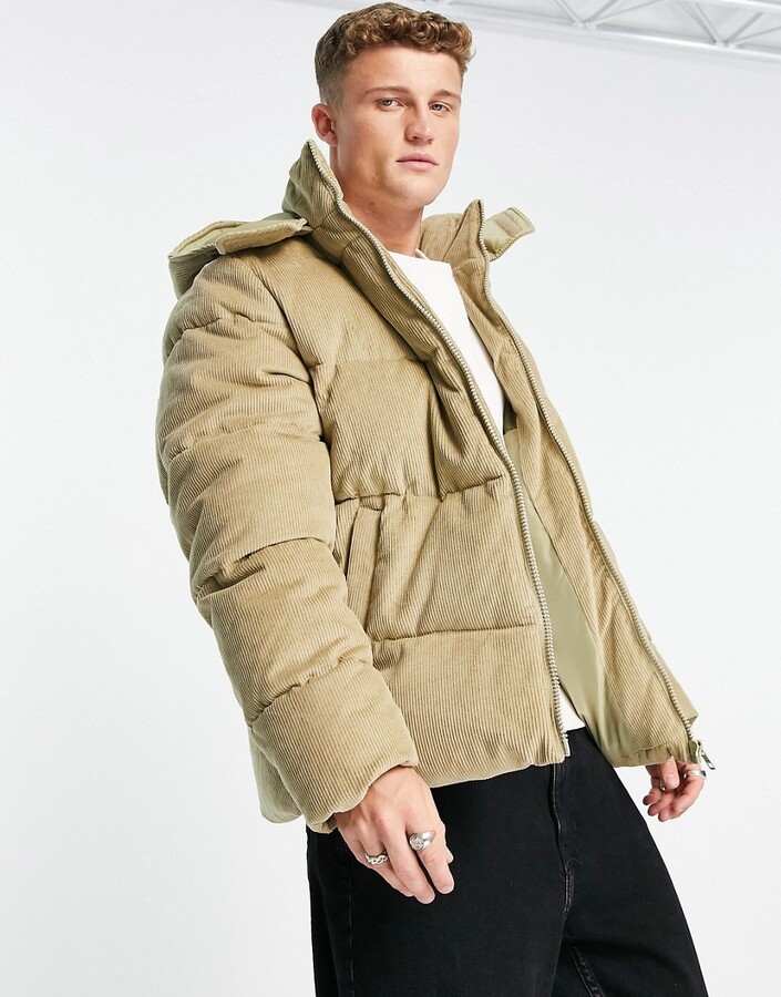 ASOS DESIGN cord puffer jacket with removable hood in tan - ShopStyle