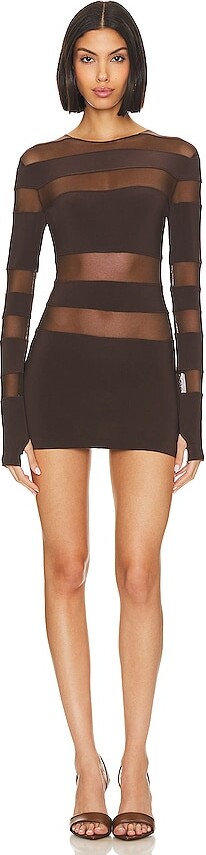 Norma Kamali Spliced Long Sleeve Pickleball Dress in Chocolate Mesh