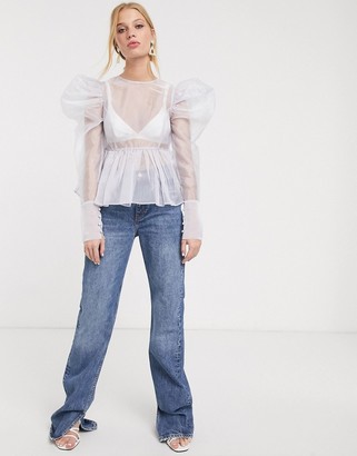 UNIQUE21 UNIQUE 21 sheer organza top with puff sleeves and peplum hem