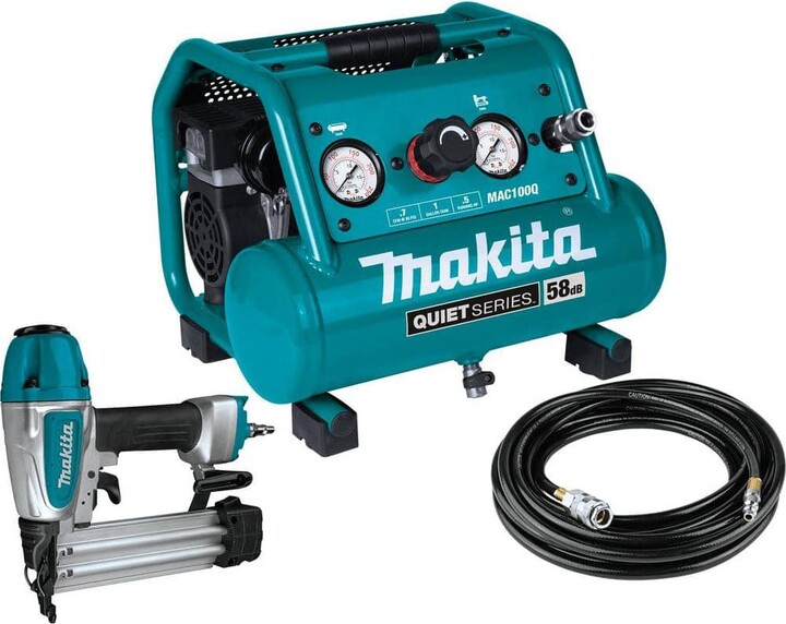 Makita Quiet Series 1/2 HP, 1 Gal. Compact, Oil-Free, Electric Air Compressor, and 18-Gauge Brad Nailer Combo Kit